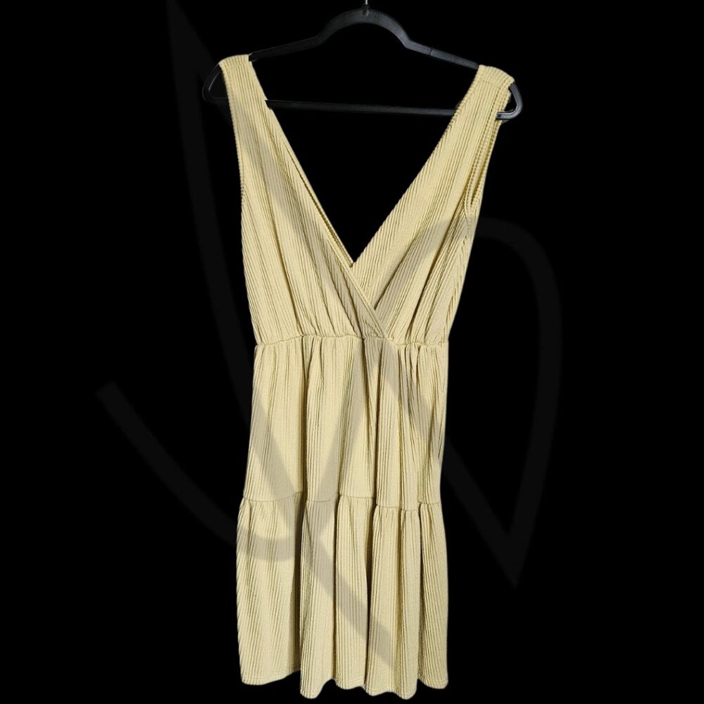 Caution to the Wind, Sleeveless Yellow Tiered Mini Dress-Deep V-Neck- Textured-L